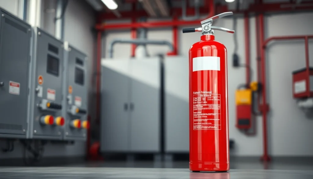 Electrical fire extinguisher showcased in a professional industrial environment, emphasizing safety features.