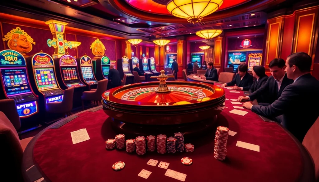 Players strategizing at a vibrant NK88 casino table filled with chips and cards.