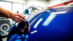 Professional technician applying ceramic coating near me to enhance a vehicle's shine.