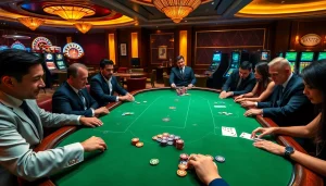 Bets exchanged at a vibrant bk8th poker table with enthusiastic players and dazzling casino decor.