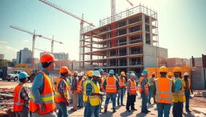 Austin construction crew collaborating on a building project at a bustling worksite.