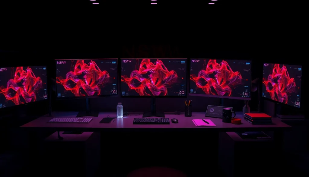 Creative NSFW AI content generation workspace with monitors and digital art