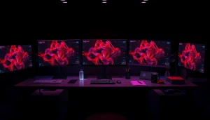 Creative NSFW AI content generation workspace with monitors and digital art