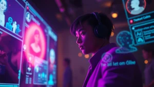 Engaging digital scene showcasing an nsfw ai character interacting with users in a futuristic chat interface.