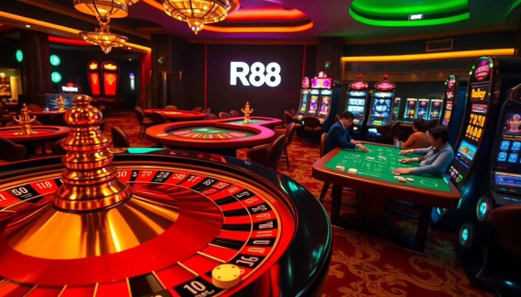 RR88 players enjoying a high-stakes gaming experience at luxurious casino tables with roulette and poker.
