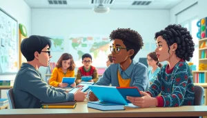 Education scene with diverse students collaborating in a modern classroom setting.