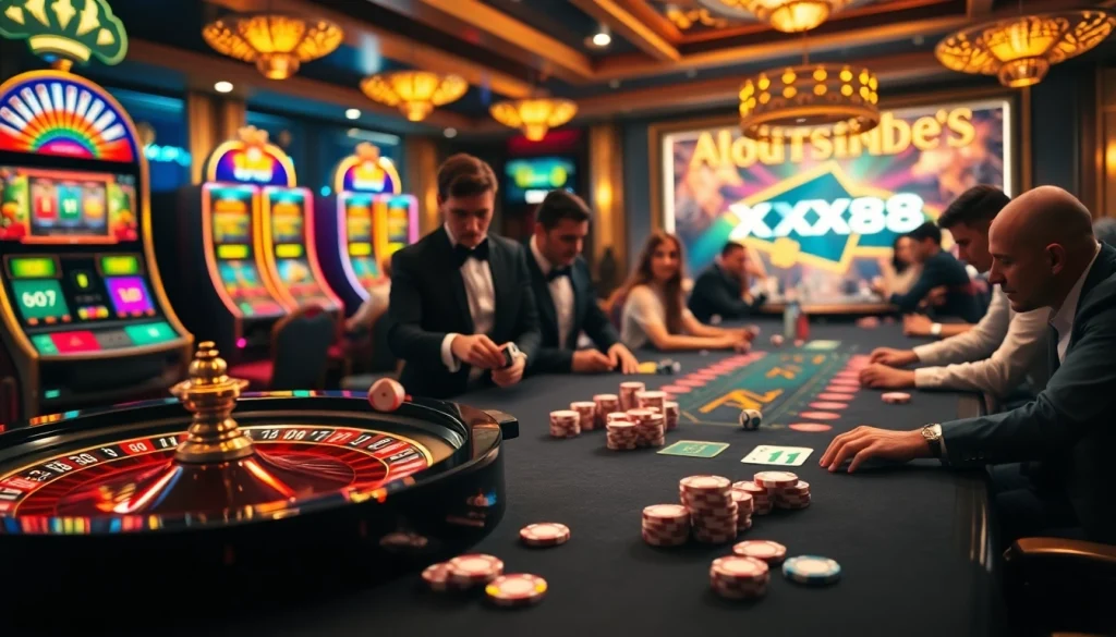 Experience gaming excitement at XX88 with vibrant dice and chips at a luxurious casino table.