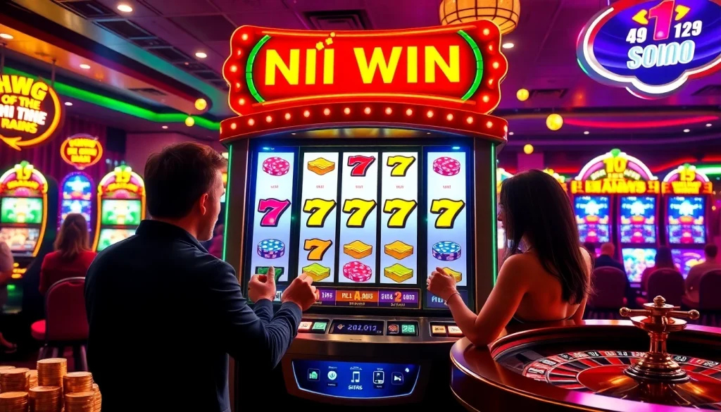 Experience the thrill of nổ hũ action at a luxurious casino, filled with excitement and gaming elements.