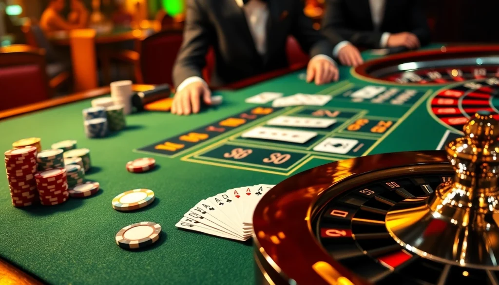 RR88 gaming table featuring vibrant poker chips and a roulette wheel in an elegant casino setup.