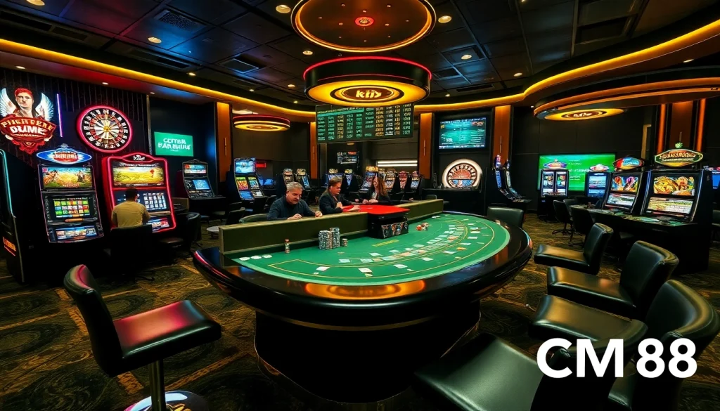 Players enjoying an engaging casino experience at CM88, featuring poker tables, slot machines, and vibrant atmosphere.