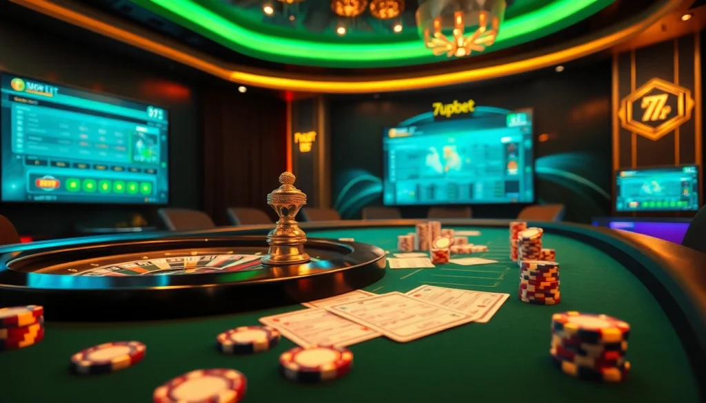 7upbet immersive online betting scene with roulette wheel, poker chips, and betting slips.