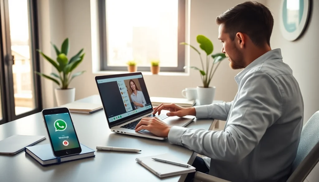 在现代工作环境中使用 WhatsApp网页版的专注用户，配有笔记本电脑和智能手机。