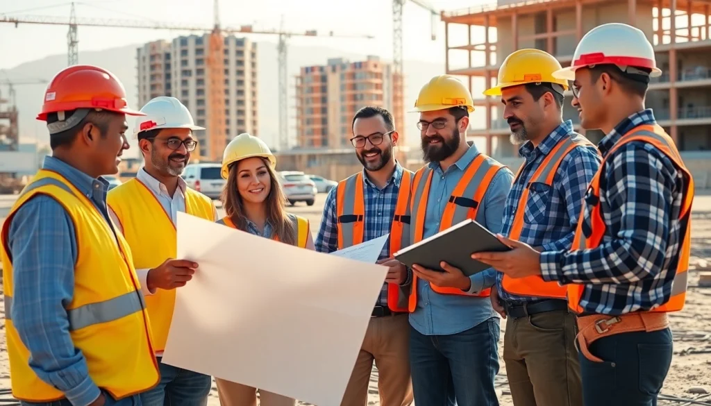 Contractors from the southern california contractors association discussing plans at a construction site.
