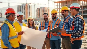 Contractors from the southern california contractors association discussing plans at a construction site.