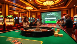Engage in winning excitement at sbobet login with vibrant casino visuals of roulette and poker chips.