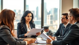 A diverse team at an environmental law firm discussing legal strategies in a modern office.