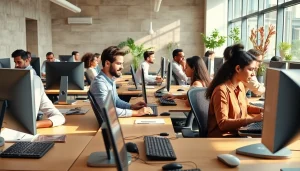 Efficient professionals working in a vibrant typing center equipped with modern technology.