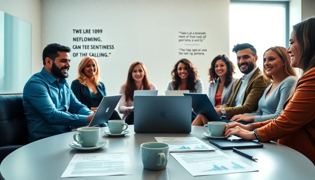 Collaborative discussion about how to find 1099 sales reps in a bright meeting room.