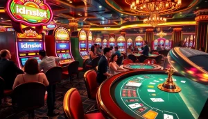 Players engaged in high-stakes action at the idnslot casino, featuring vibrant slot machines and a roulette table.