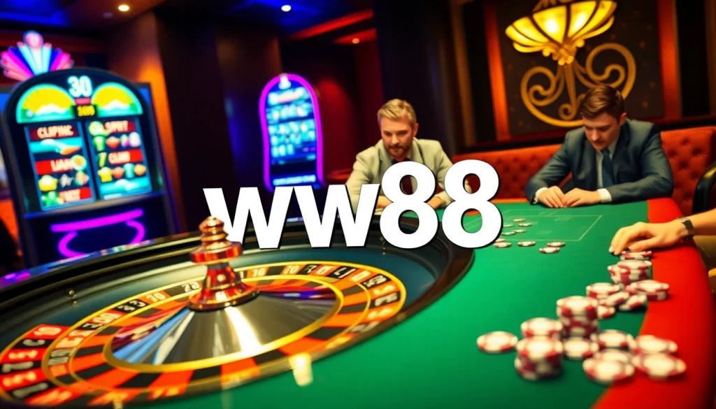 Engaging players enjoying the thrill of ww88 at a vibrant casino with roulette and slot machines.