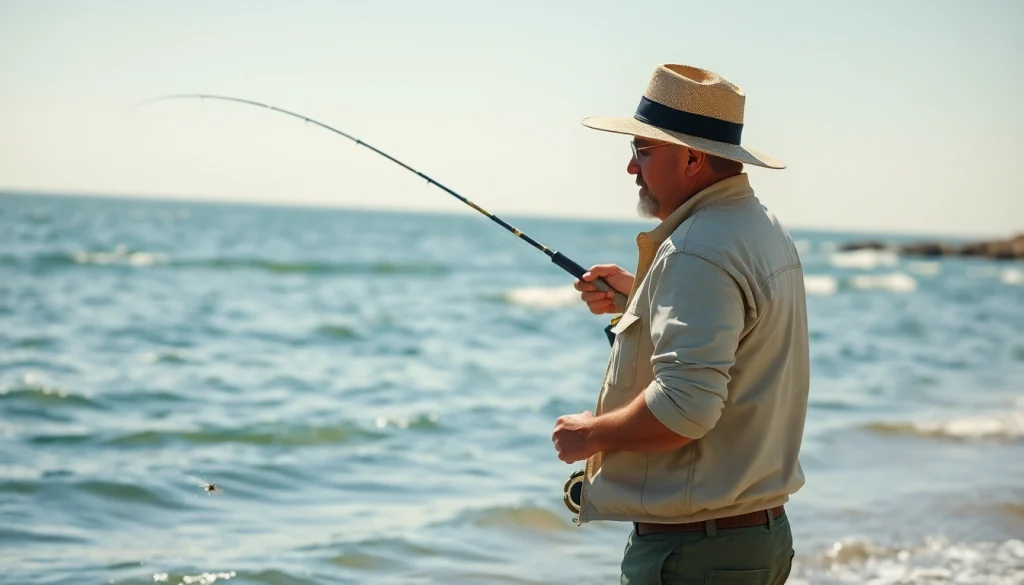 Engaged in saltwater fly fishing, an angler casts into vibrant coastal waters