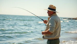 Engaged in saltwater fly fishing, an angler casts into vibrant coastal waters