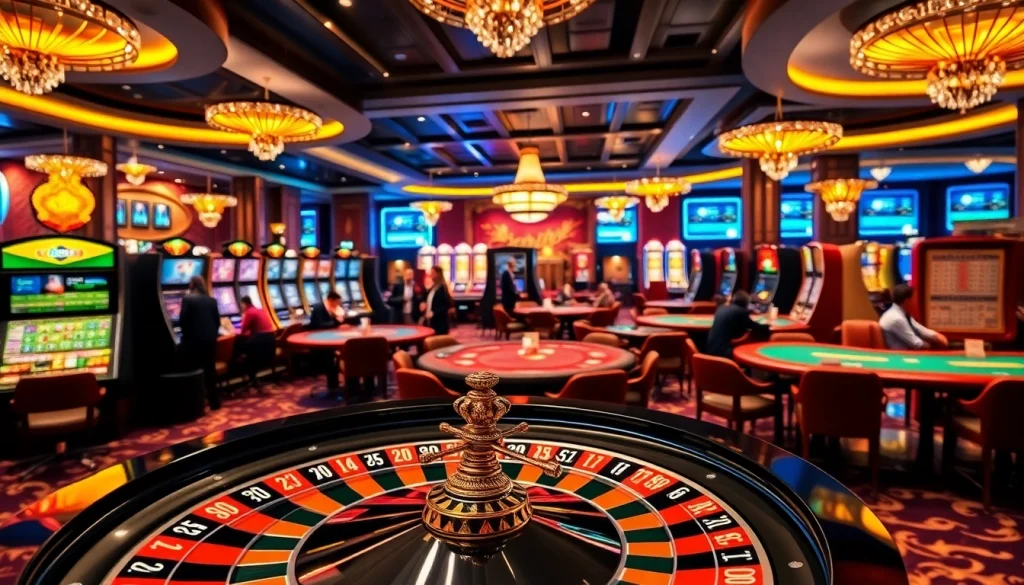 A vibrant casino scene showcasing luxury gaming, highlighting link CM88 poker tables and slot machines.