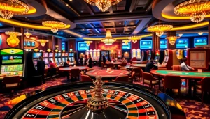 A vibrant casino scene showcasing luxury gaming, highlighting link CM88 poker tables and slot machines.