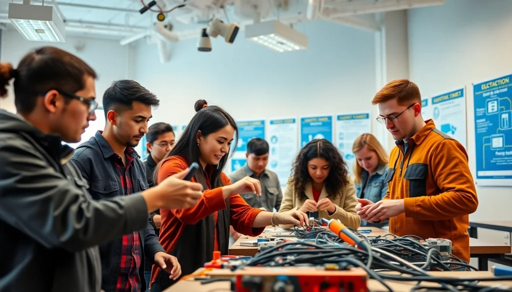 Electrician trade school Colorado students actively learning hands-on skills in a modern classroom.