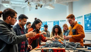 Electrician trade school Colorado students actively learning hands-on skills in a modern classroom.