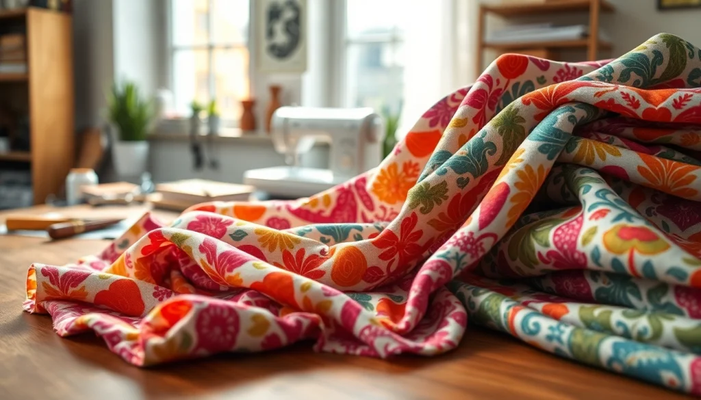 Hoogwaardige bedrukte katoenen stoffen gepresenteerd met levendige kleuren en patronen op een houten tafel.