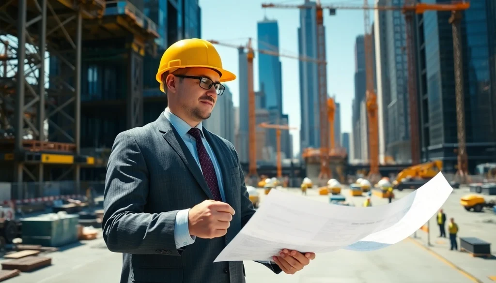 New York City Construction Manager analyzing blueprints at a bustling urban construction site.