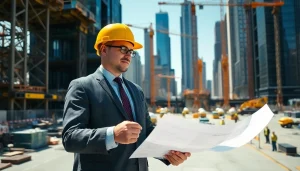 New York City Construction Manager analyzing blueprints at a bustling urban construction site.