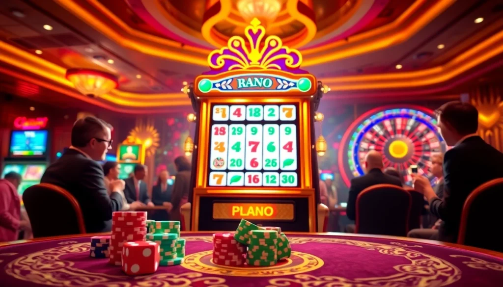 Players enjoy the slot demo mahjong game amid the lively casino atmosphere, surrounded by colorful chips and roulette wheels.