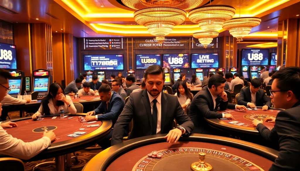 U88 players engaged in thrilling casino games surrounded by vibrant decor.