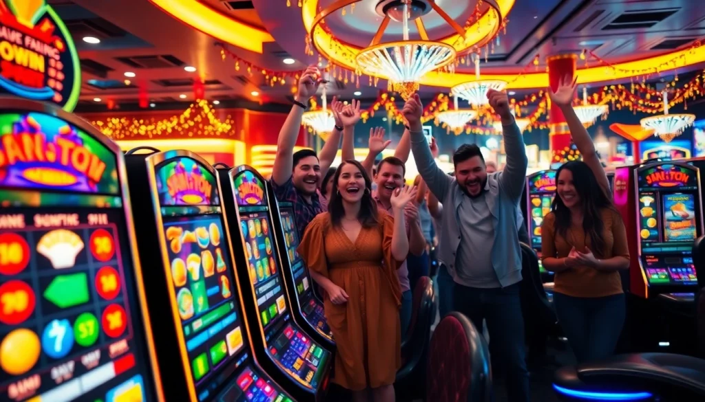 Menangkan slot depo 1k dengan mesin slot berwarna-warni dan para pemain merayakan kemenangan.