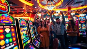 Menangkan slot depo 1k dengan mesin slot berwarna-warni dan para pemain merayakan kemenangan.