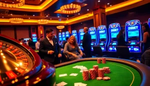 Experience a thrilling casino atmosphere at 28BET with glamorous poker tables and exciting slot machines.