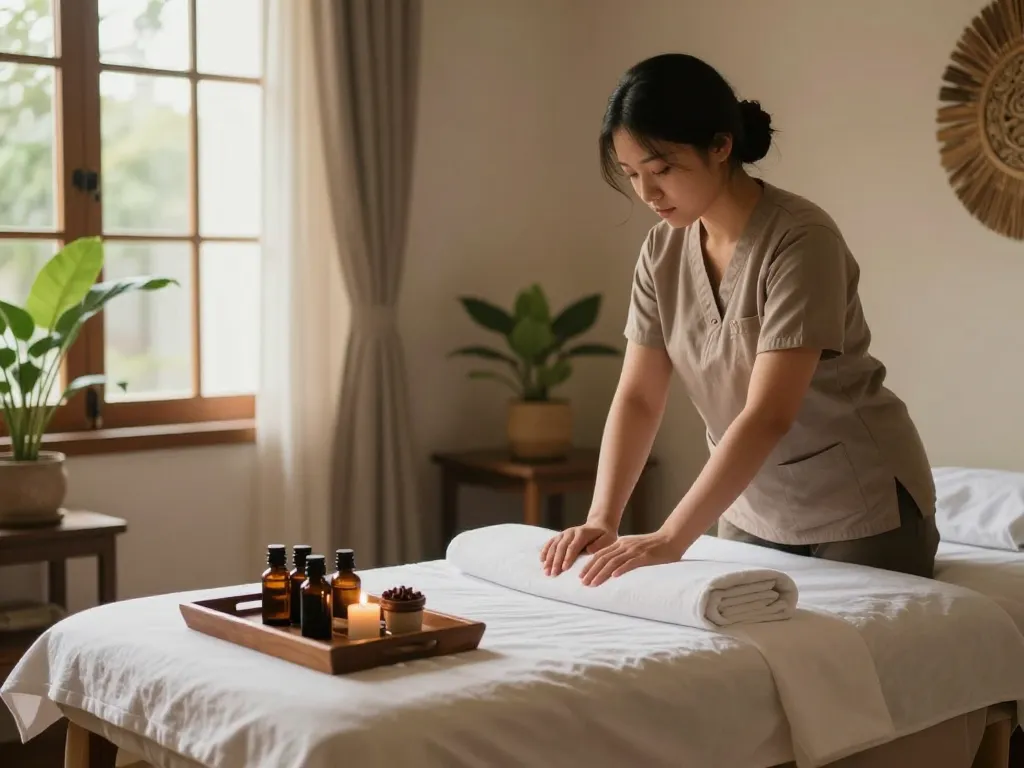 훈련된 치료사가 아늑한 마사지 공간을 준비하는 평화로운 가정 환경에서의 프리미엄 출장안마 경험.