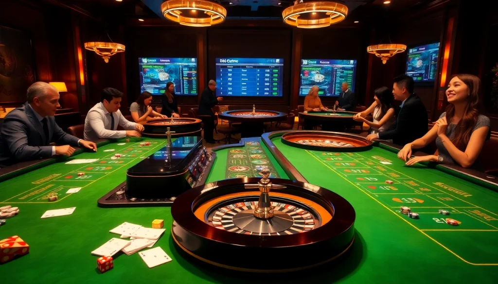 Engagez-vous avec le casino en ligne Français à une scène vibrante de jeux de hasard en ligne avec des joueurs et des jetons colorés.