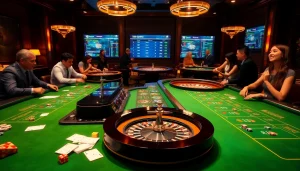 Engagez-vous avec le casino en ligne Français à une scène vibrante de jeux de hasard en ligne avec des joueurs et des jetons colorés.