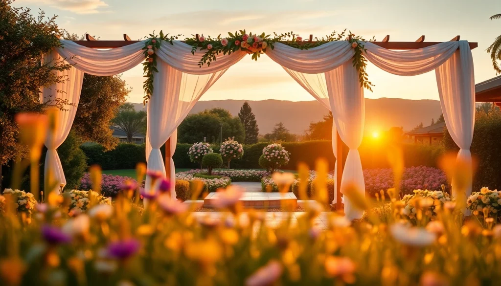Beautiful wedding venue California surrounded by lush trees and blooming flowers, perfect for special events.