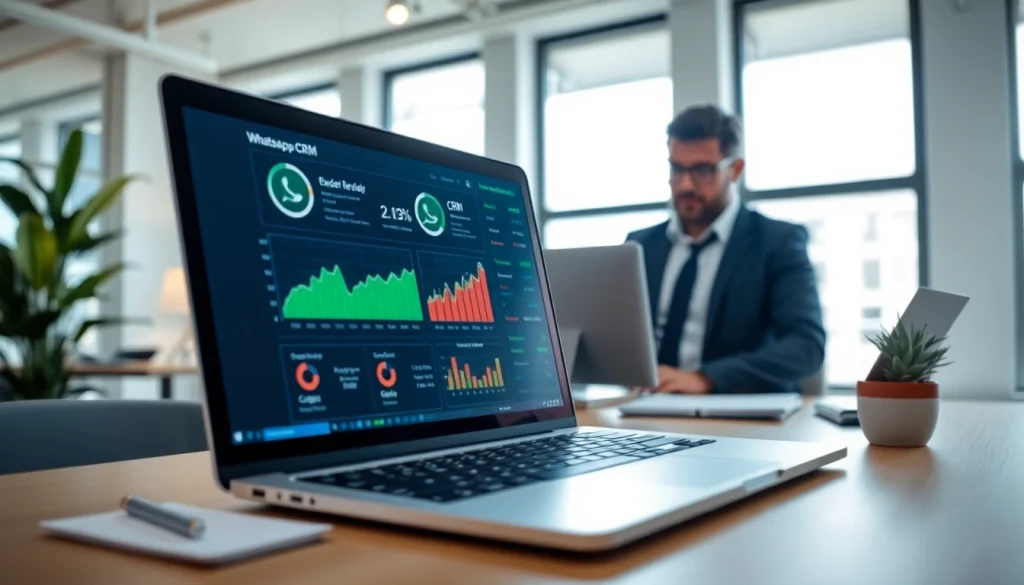 Analyze WhatsApp Business CRM data on a laptop in a modern office environment.