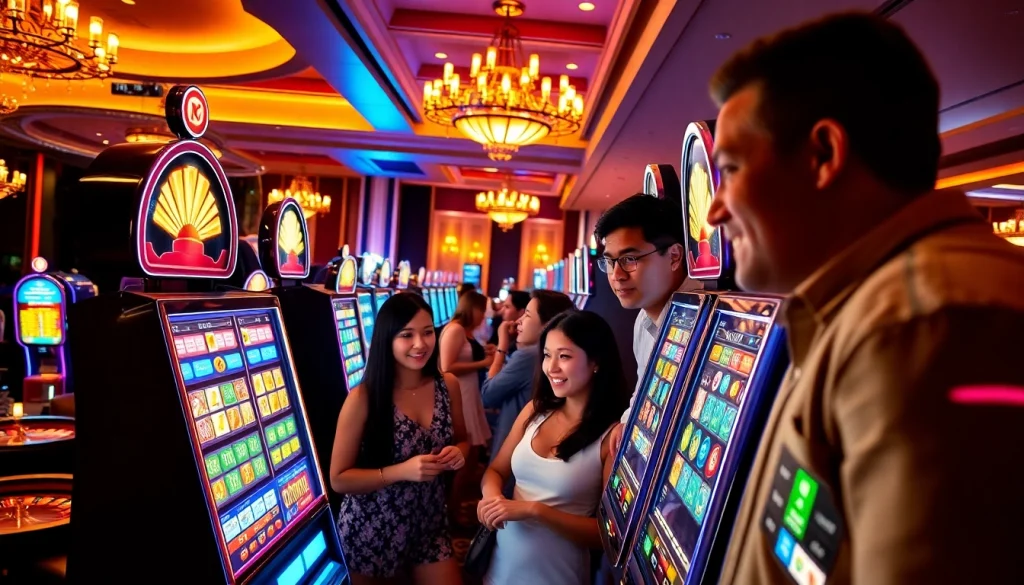 Engage with the excitement of slot online hari ini on a vibrant casino floor featuring dynamic slot machines and players.