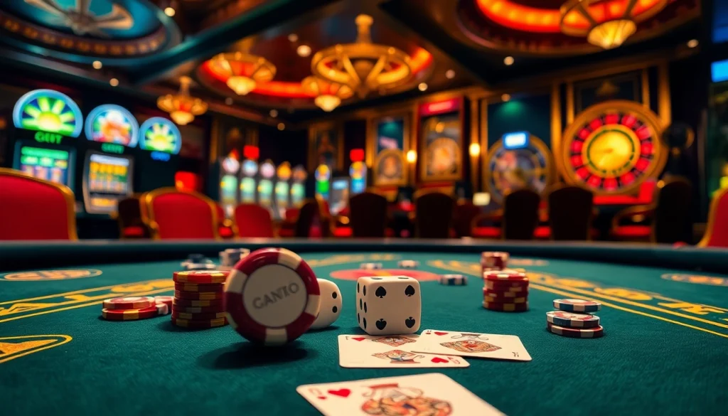 Une scène vibrante de casino en ligne Français présentant des cartes, des jetons et des dés luxueux.