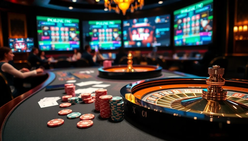 Découvrez l'excitation du casino en ligne Français avec des tables de jeu vibrantes, des jetons de poker et des roues de roulette.