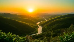 Stunning landscapes with rolling hills and a serene river at sunset.