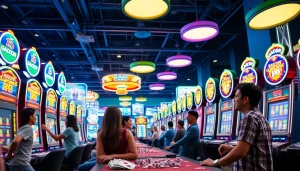 Players enjoying their time at slot gacor machines in a lively casino atmosphere.