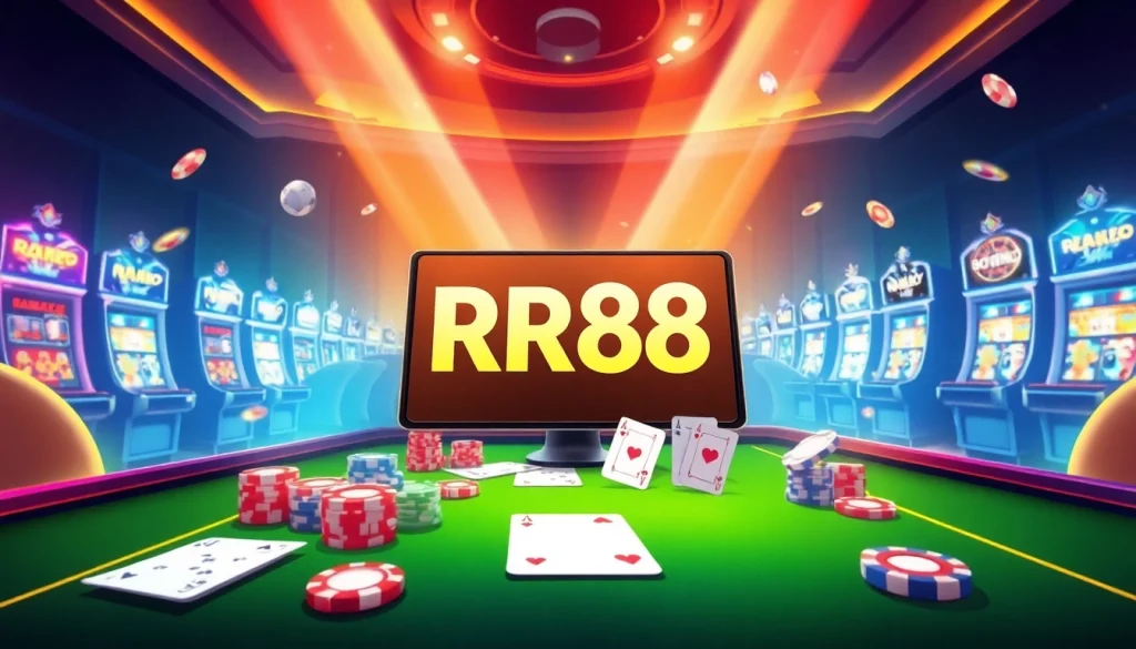 Engaging scene of RR88 online casino featuring vibrant gambling elements like cards, chips, and betting slips.
