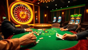 Participez au casino en ligne Français à une table de poker dynamique au milieu d'éléments de jeu luxueux.